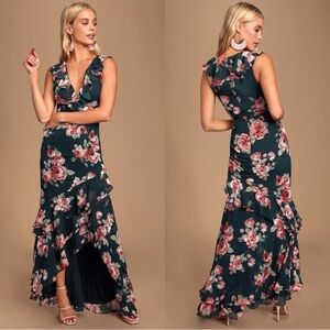 Lulus | Secret Romance Dark Green Floral Print High-Low Maxi Dress